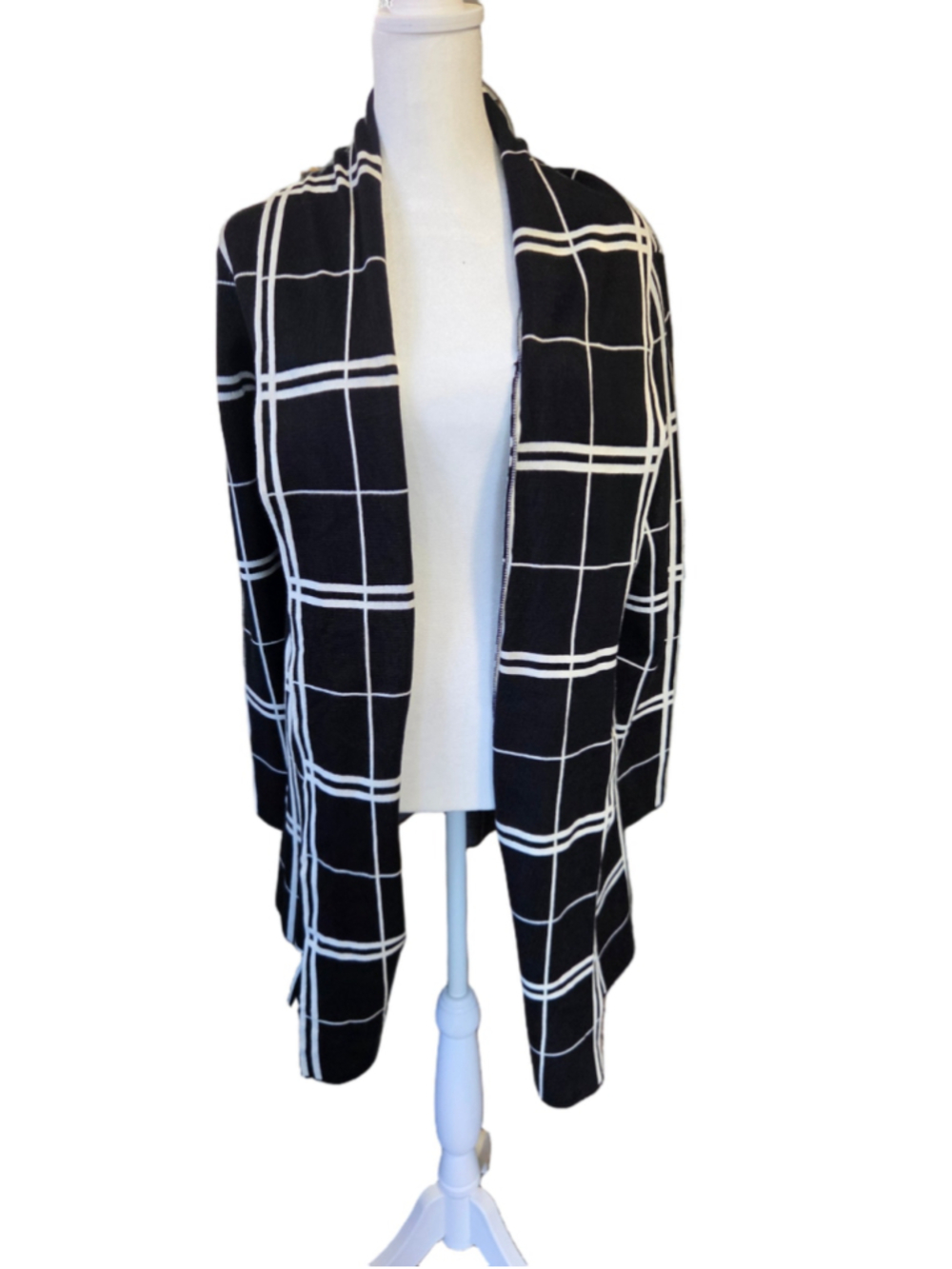 Women's Premise Studio Cardigan Sweater Large Black White Plaid Open Front